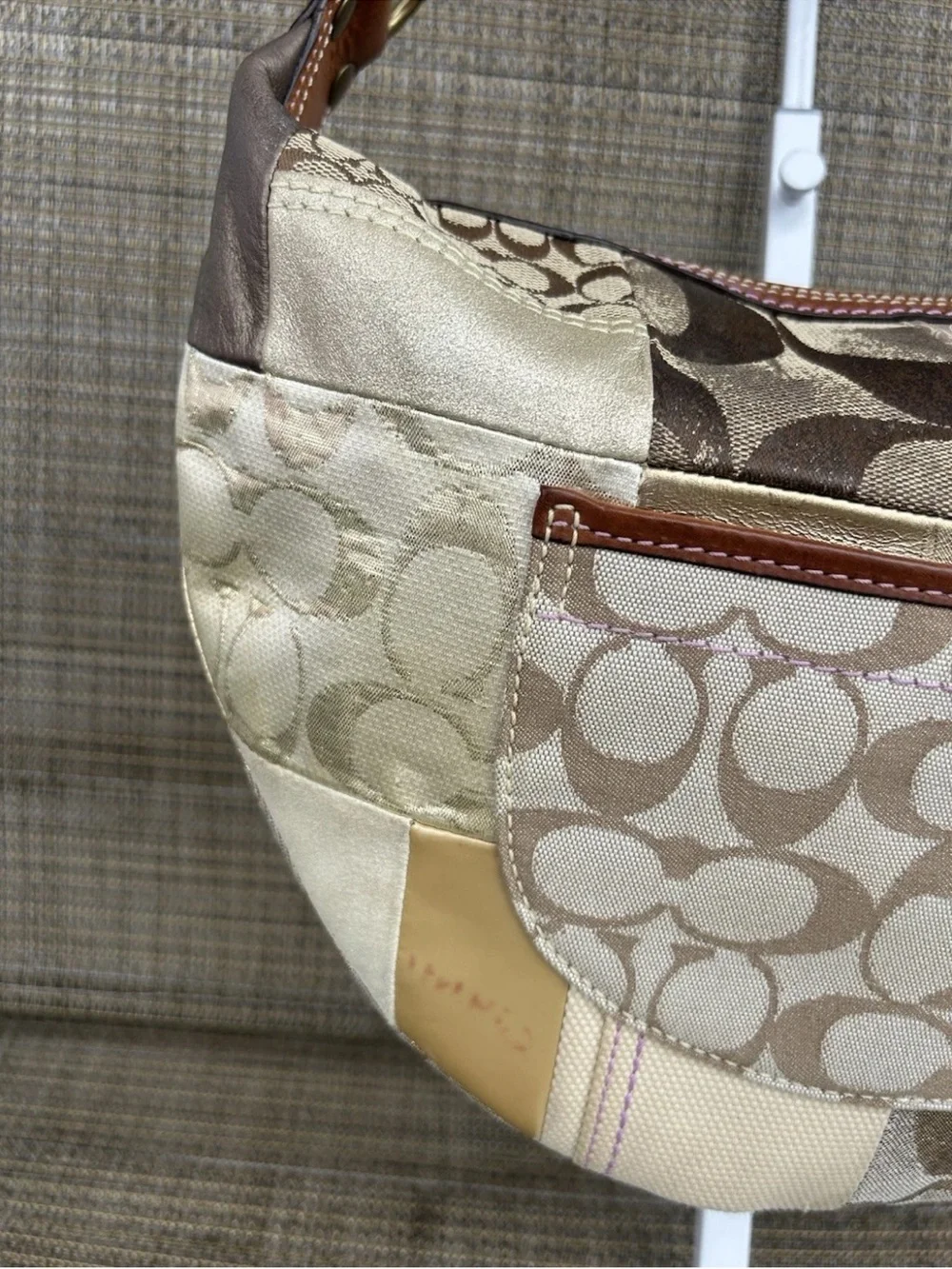 Rare Vintage Coach Y2K Patchwork Leather Trim Hobo Bag 10019 Brown Gold Pink